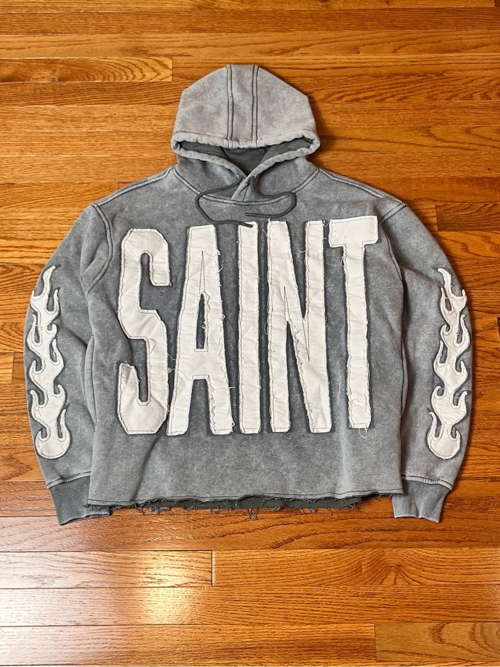Copper Rivet Gray "SAINT" Distressed Fray Applique Flame Pullover Hoodie Size S